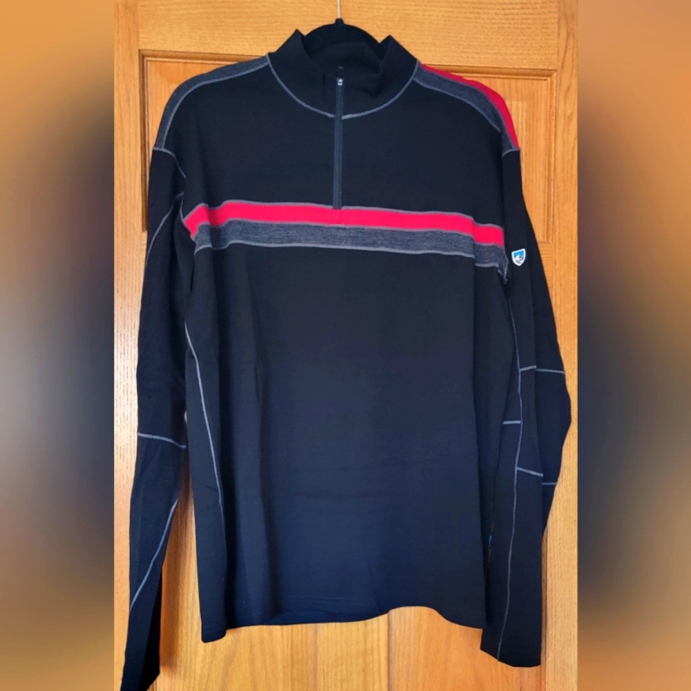 Kuhl Downhill Racr 1/4 zip 100% merino wool lightweight black red, gray sweater